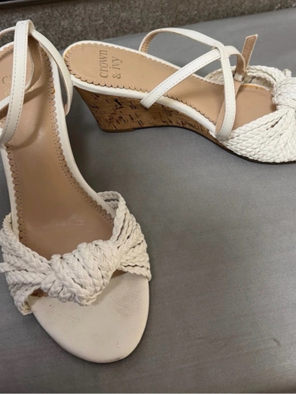crown & ivy White Braided Knot Wedge Sandals with Ankle Strap - Picture 2 of 7